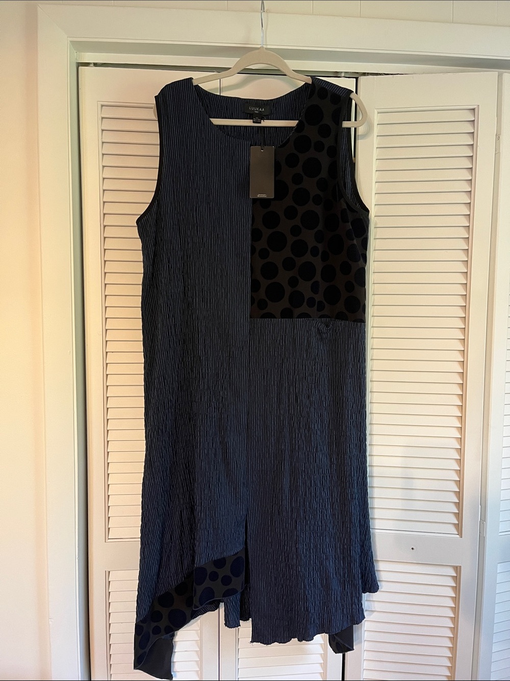 Luukaa Navy Textured Sleeveless Dress with Black Polka-Dot Panel
